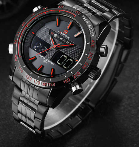 Men's Naviforce Stainless Steel Dual Display Watch - 5 Styles - Black Black Red
