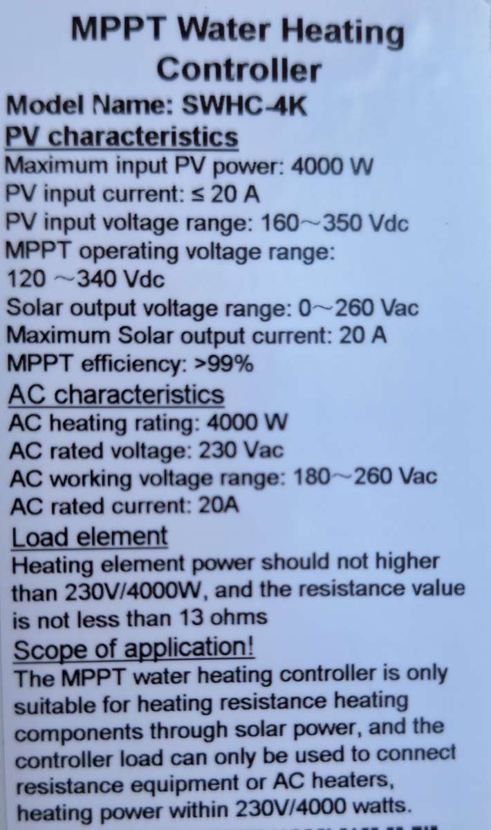 4000W / 230V Solar powered Geyser controller/water heater.