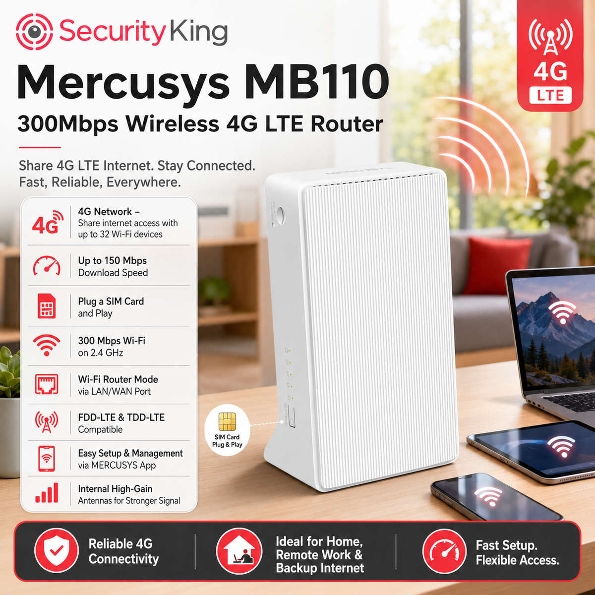 Mercusys Wireless 4G LTE Router - MB110 300Mbps