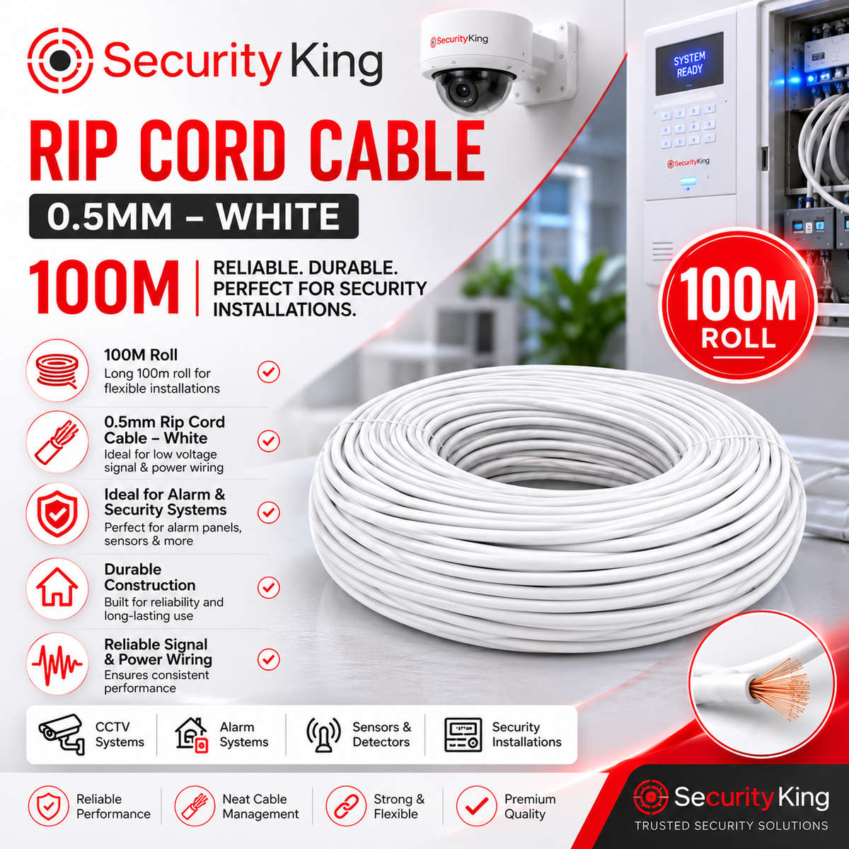 Rip Cord Cable 0.5mm - White - 100m