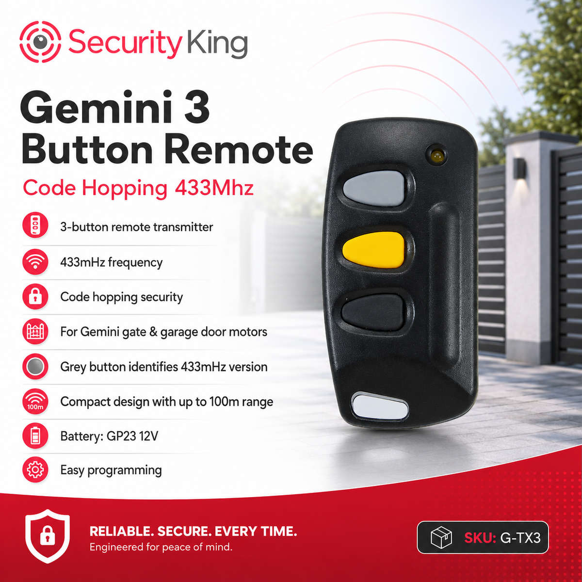 Gemini 3 Button Remote Control Code Hopping 433Mhz