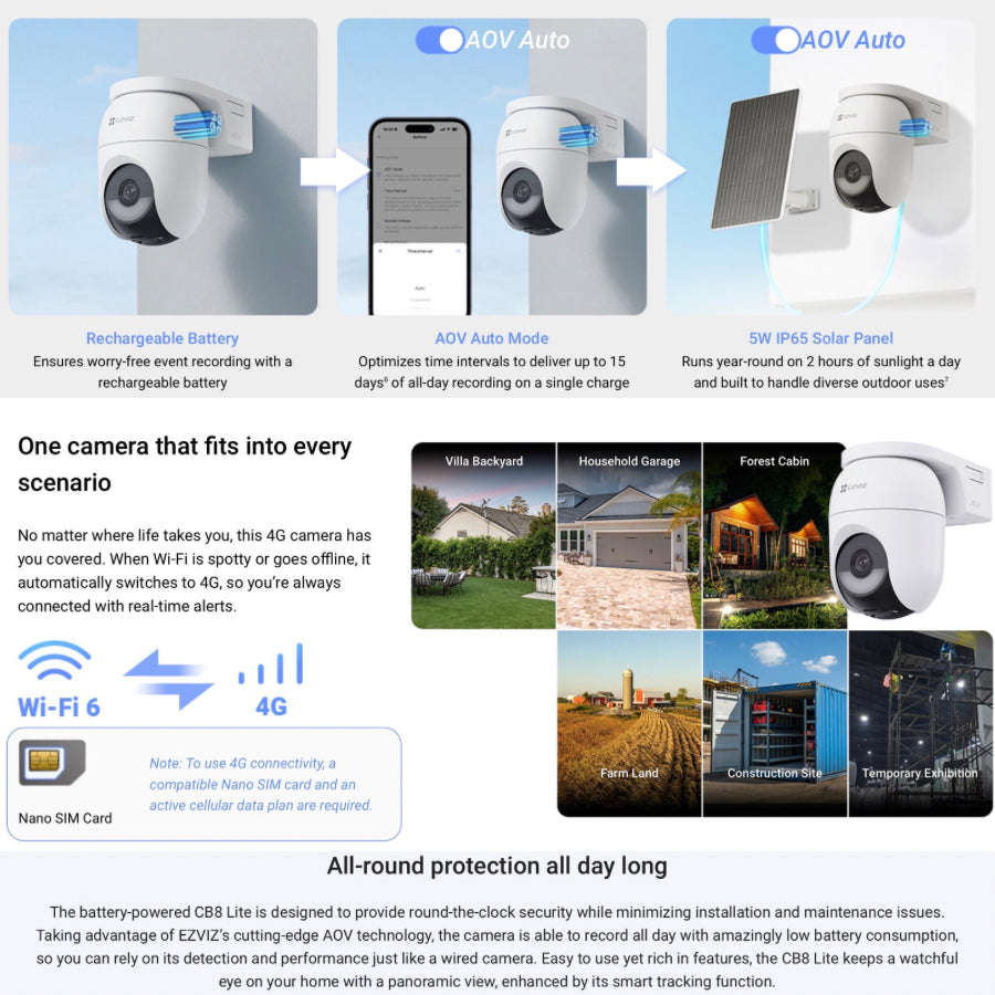 EZVIZ CB8 Solar 4G + WiFi 2K Smart AI Battery Camera Kit