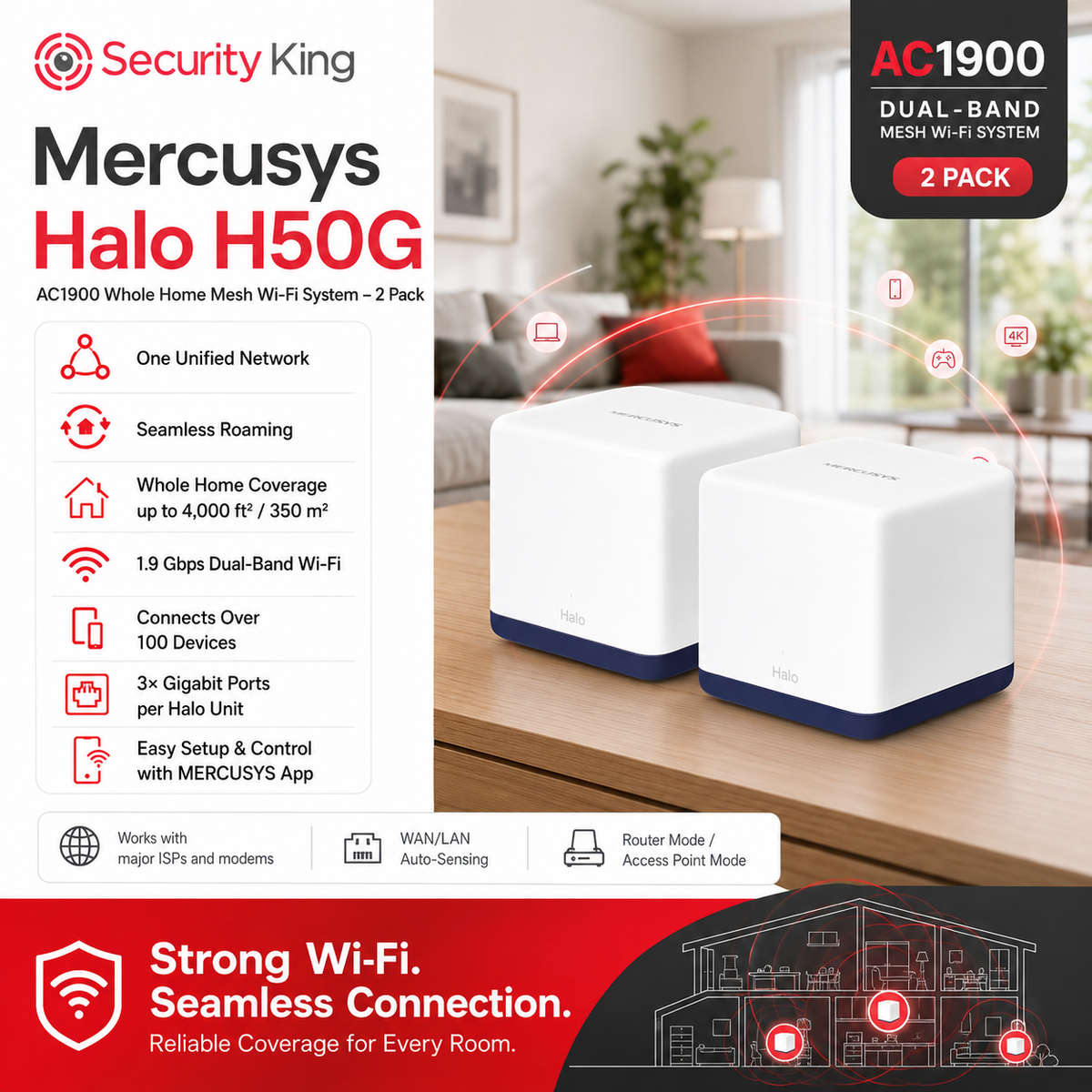 Mercusys Halo H50G AC1900 Whole Home Mesh Wi-Fi System 2-Pack