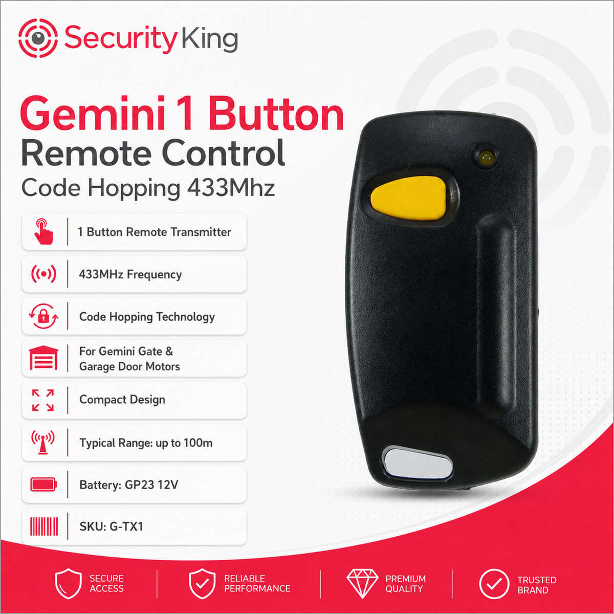 Gemini 1 Button Remote Control Code Hopping 433Mhz