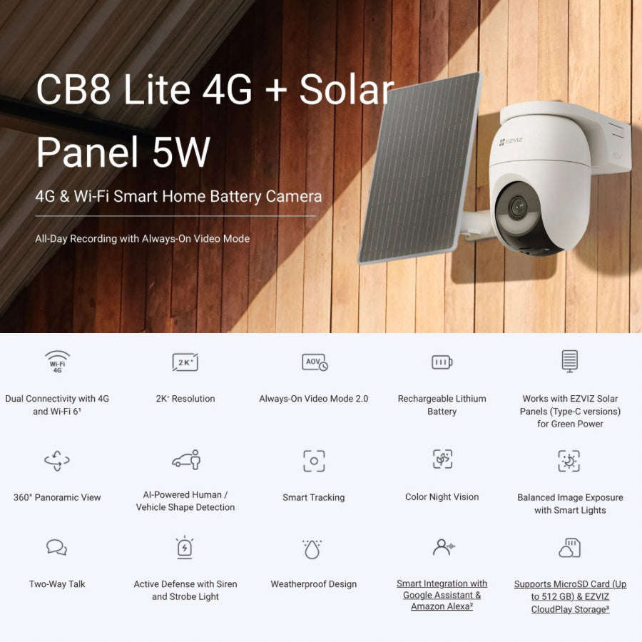 EZVIZ CB8 Solar 4G + WiFi 2K Smart AI Battery Camera Kit
