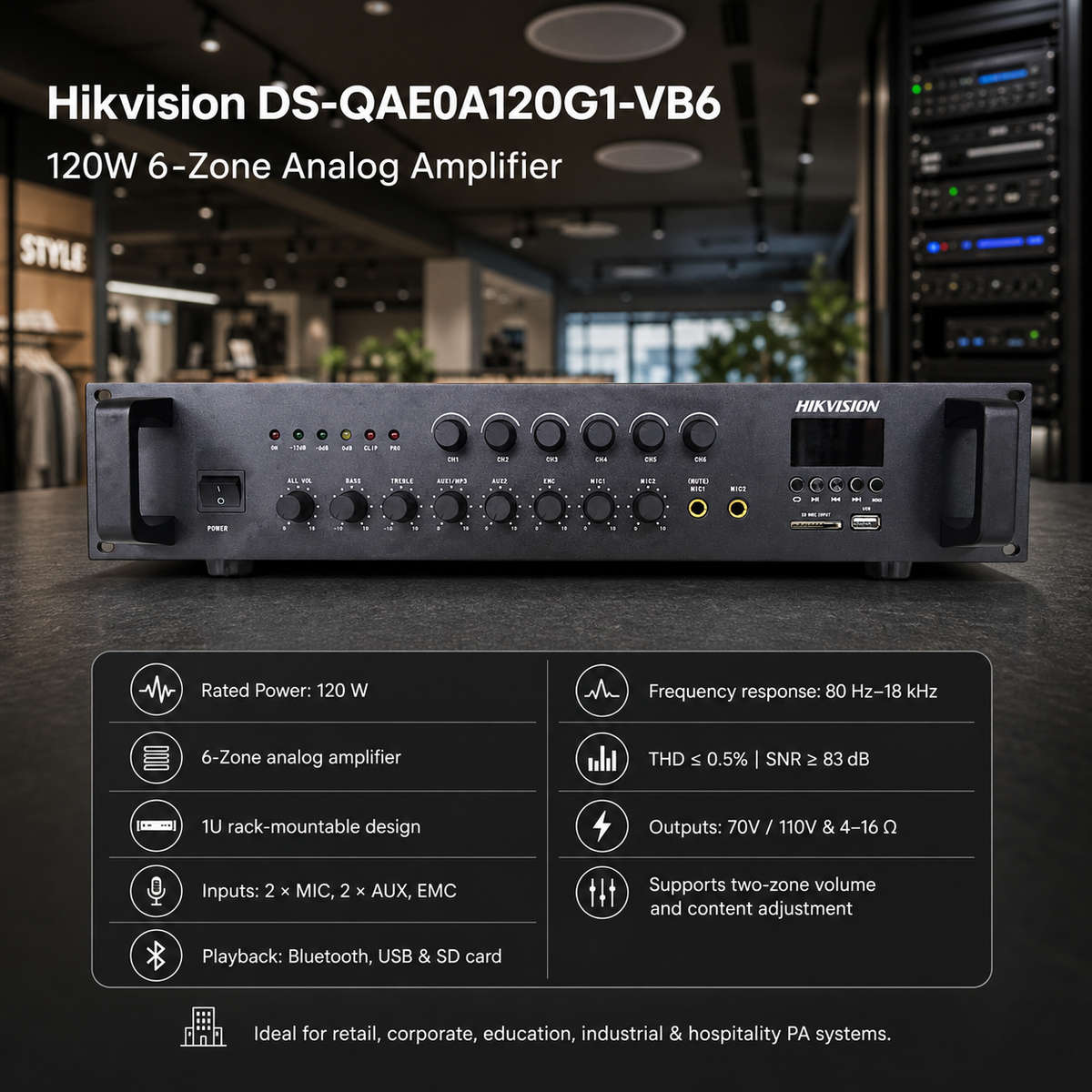 Hikvision 120W 6-Zone Analog Amplifier