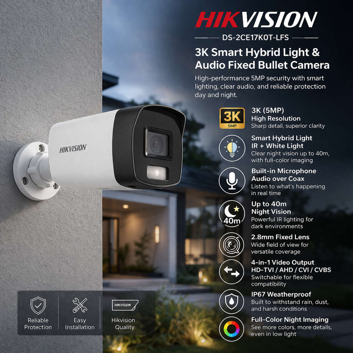 Hikvision 3K/5MP Smart Hybrid Light Audio Fixed Bullet Camera - 40m