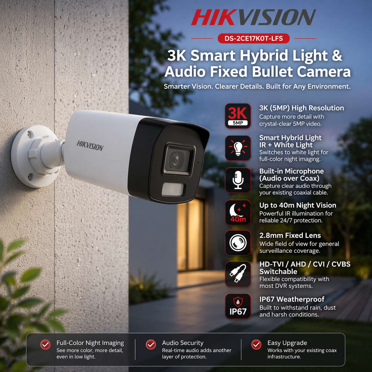 Hikvision 3K/5MP Smart Hybrid Light Audio Fixed Bullet Camera - 40m