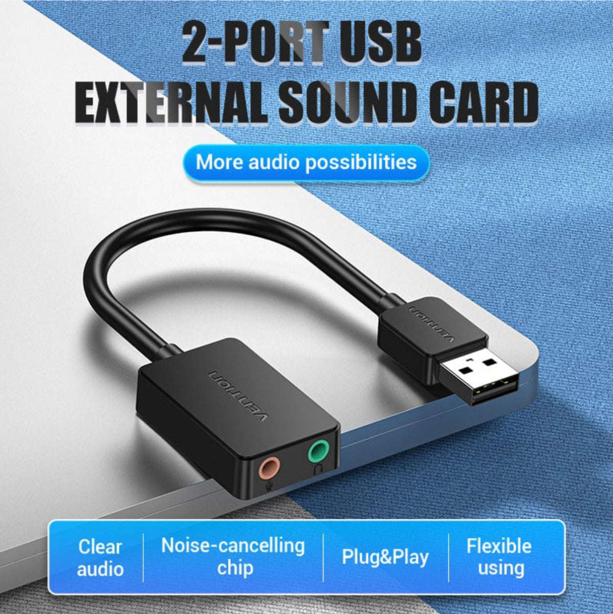 Vention 2-port USB External Sound Card 0.15M Black