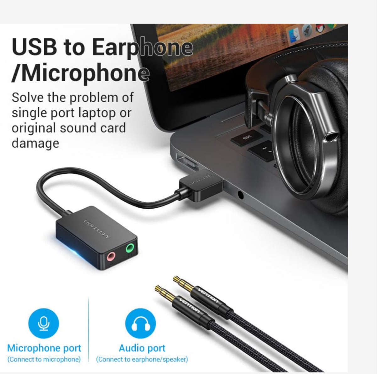 Vention 2-port USB External Sound Card 0.15M Black