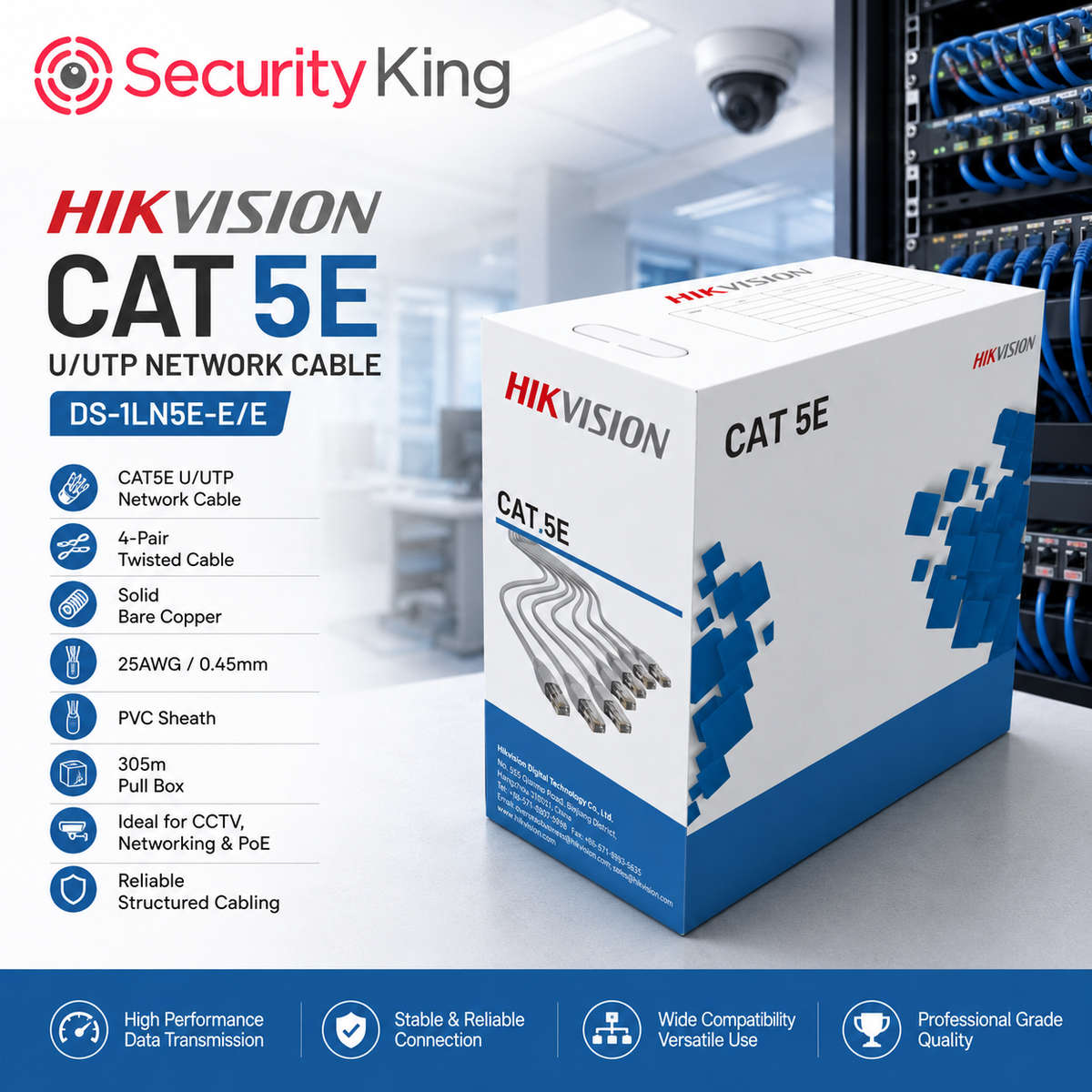 Hikvision 305m CAT5E UTP Network Cable (Solid Copper, 0.45 mm, CMX)