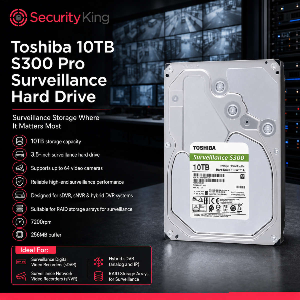 Toshiba 10TB S300 Pro Surveillance Hard Drive