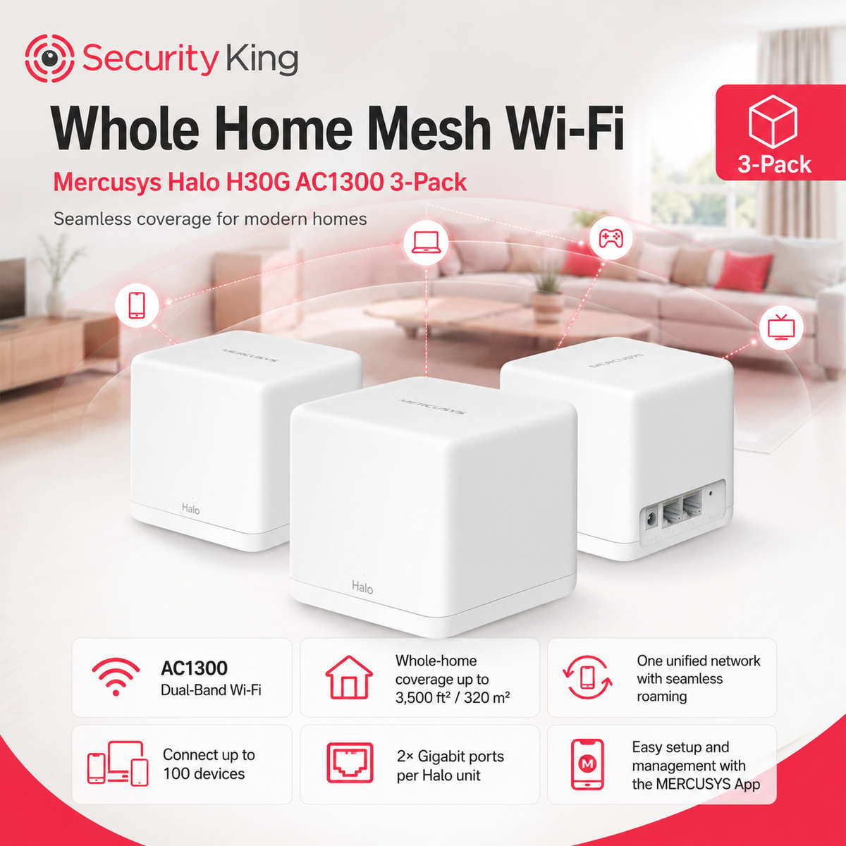 Mercusys Halo H30G AC1300 Whole Home Mesh Wi-Fi System 3-Pack