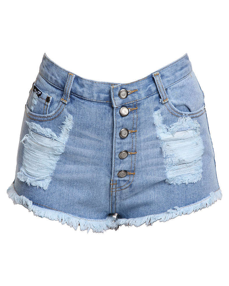 High Waisted Ripped Denim Shorts Light Blue - 34