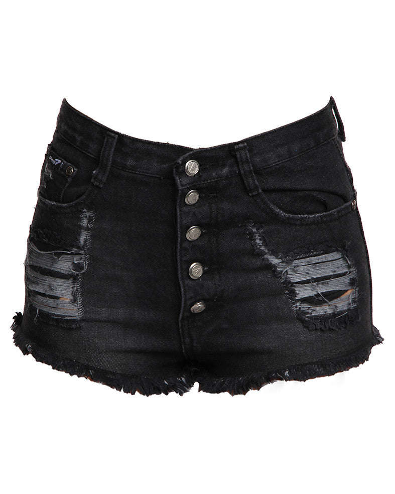 High Waisted Ripped Denim Shorts Black - 34