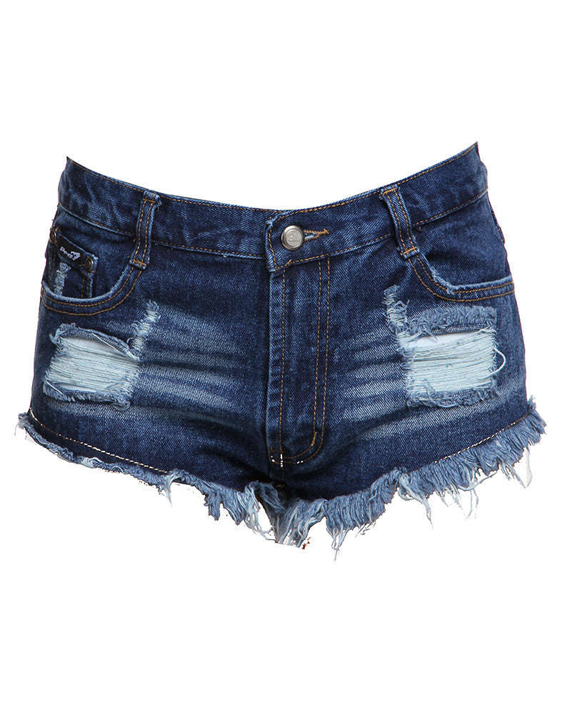 Low Rise Ripped Denim Shorts Dark Blue - 32