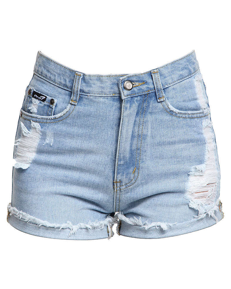 High Waisted Fold Up Denim Shorts Blue - L