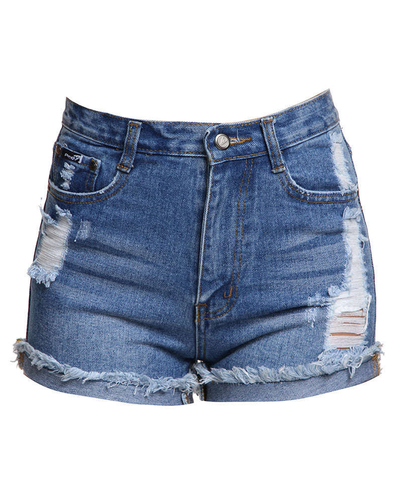 HIGH WAISTED FOLD UP DENIM SHORTS DARK  BLUE - L