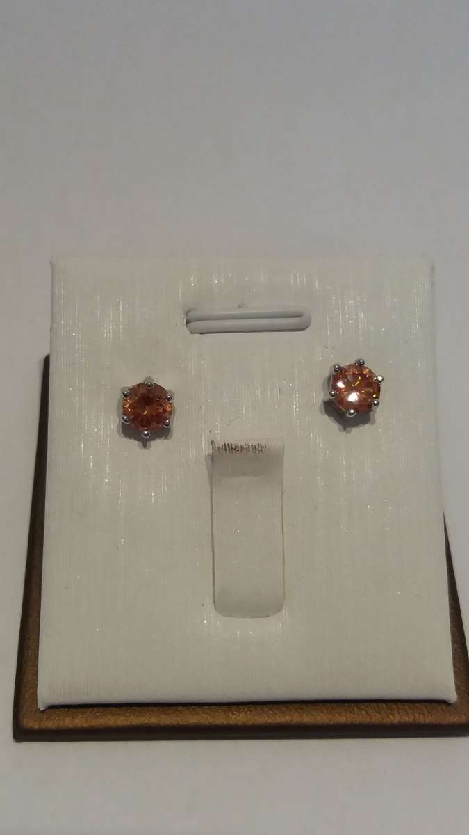 Silver Round cut orange zirconia stud earrings
