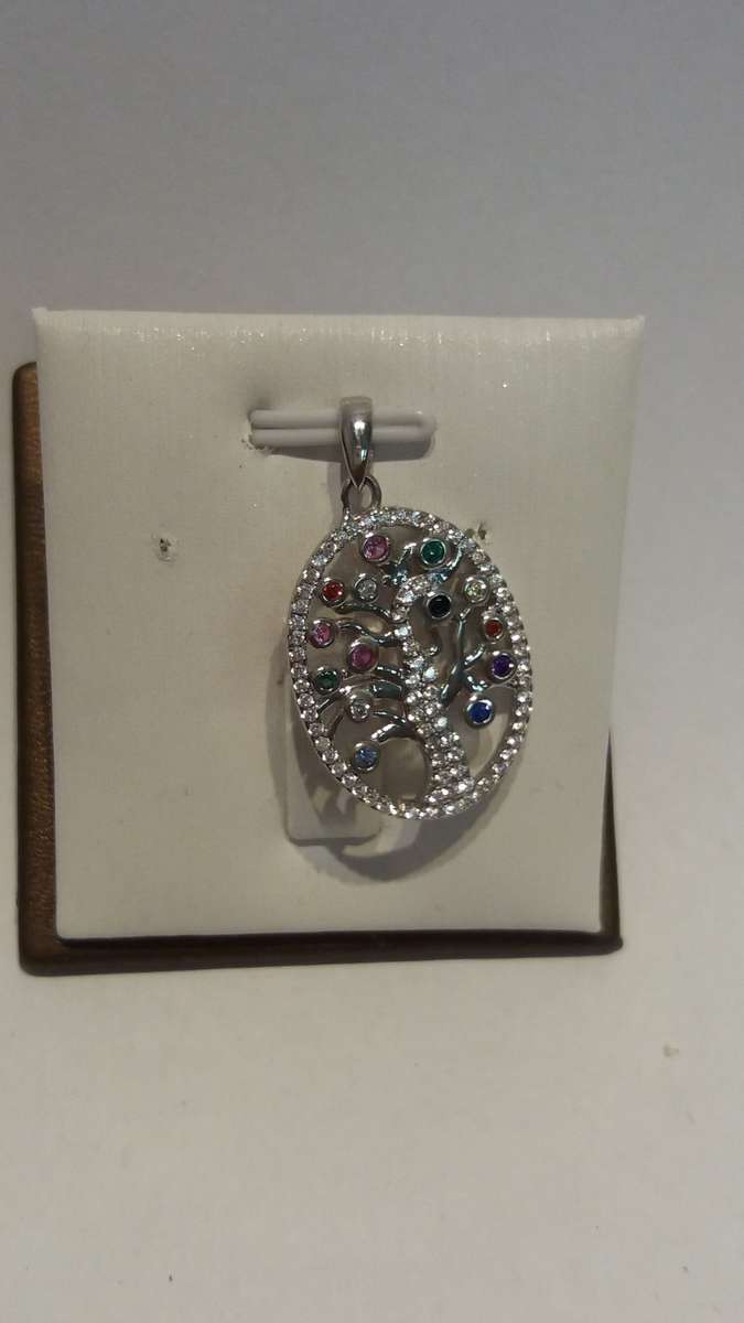 Silver oval Tree of Life pendant with multicoloured cubic zirconias