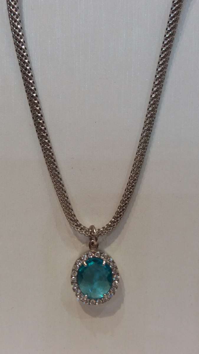 Silver blue pendant and box chain necklace with cubic zirconias - 42cm