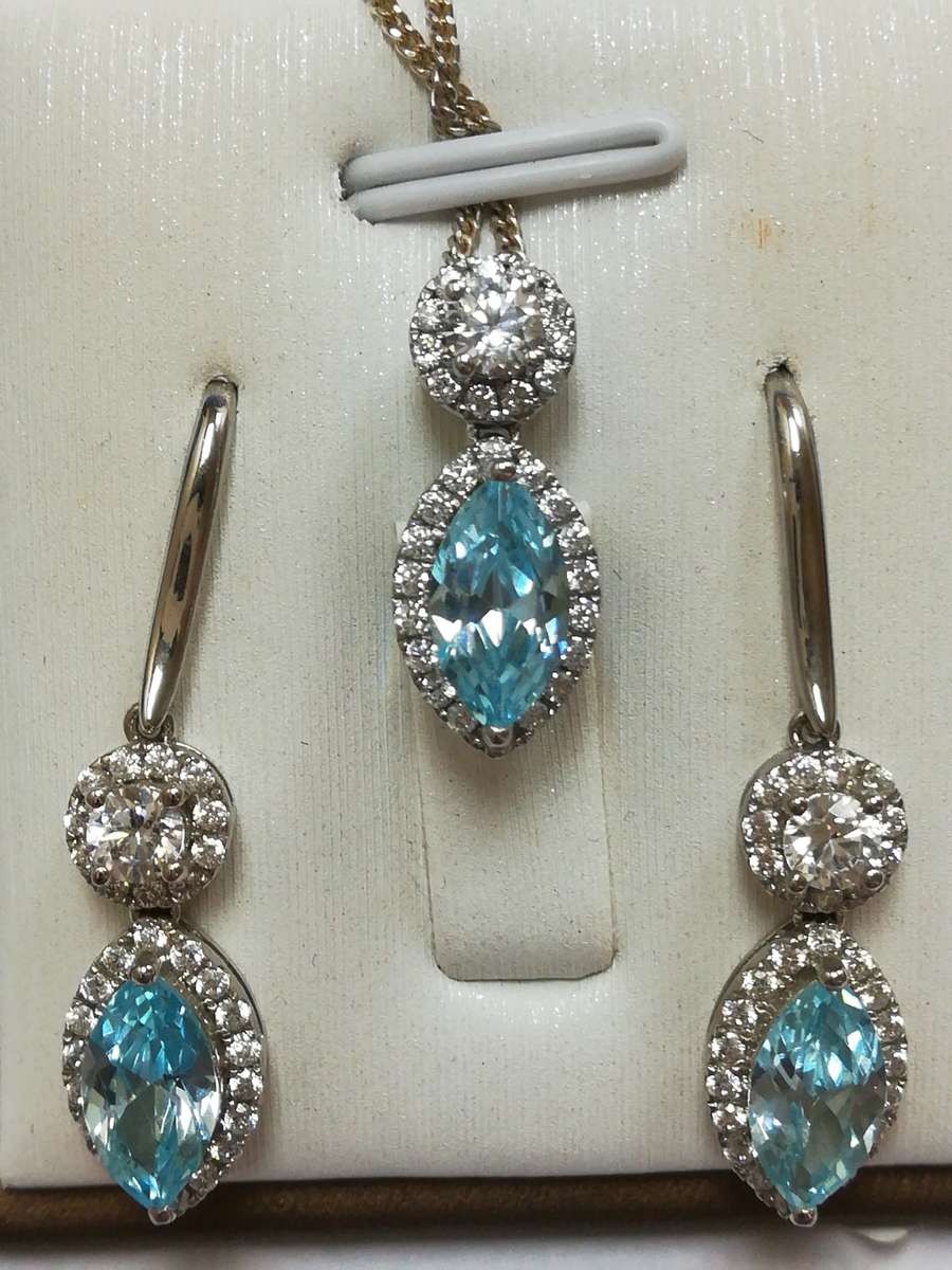 Silver Oriana Jewellery Set with Aquamarine and cubic zirconias - Chain, Pendant & Earrings