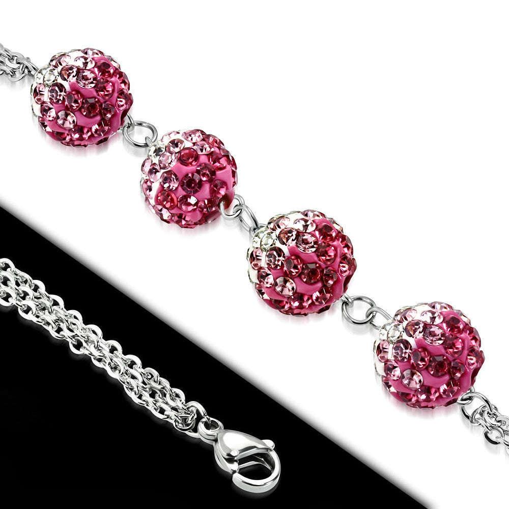 10mm Stainless Steel Argil Disco Shamballa Bead Ball Link Chain 3-Strand Bracelet with Clear & Pi...