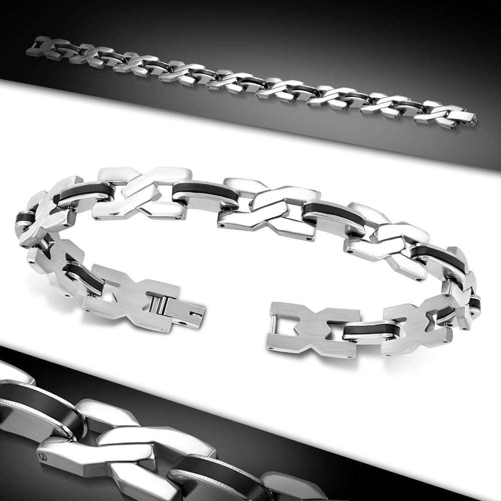 Stainless Steel with Black Rubber 2-tone Twisted Criss Cross Mens Link Bracelet