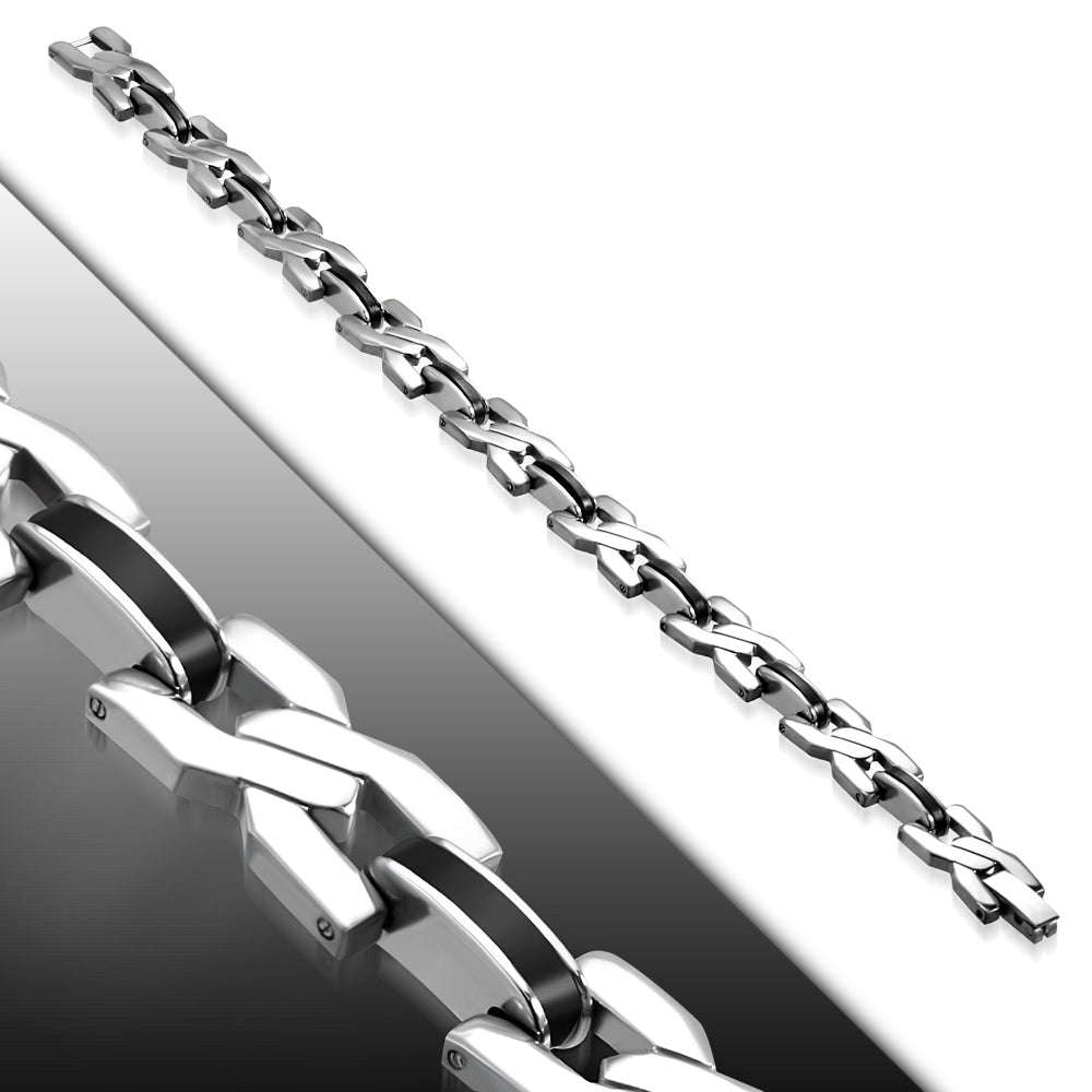 Stainless Steel with Black Rubber 2-tone Twisted Criss Cross Mens Link Bracelet
