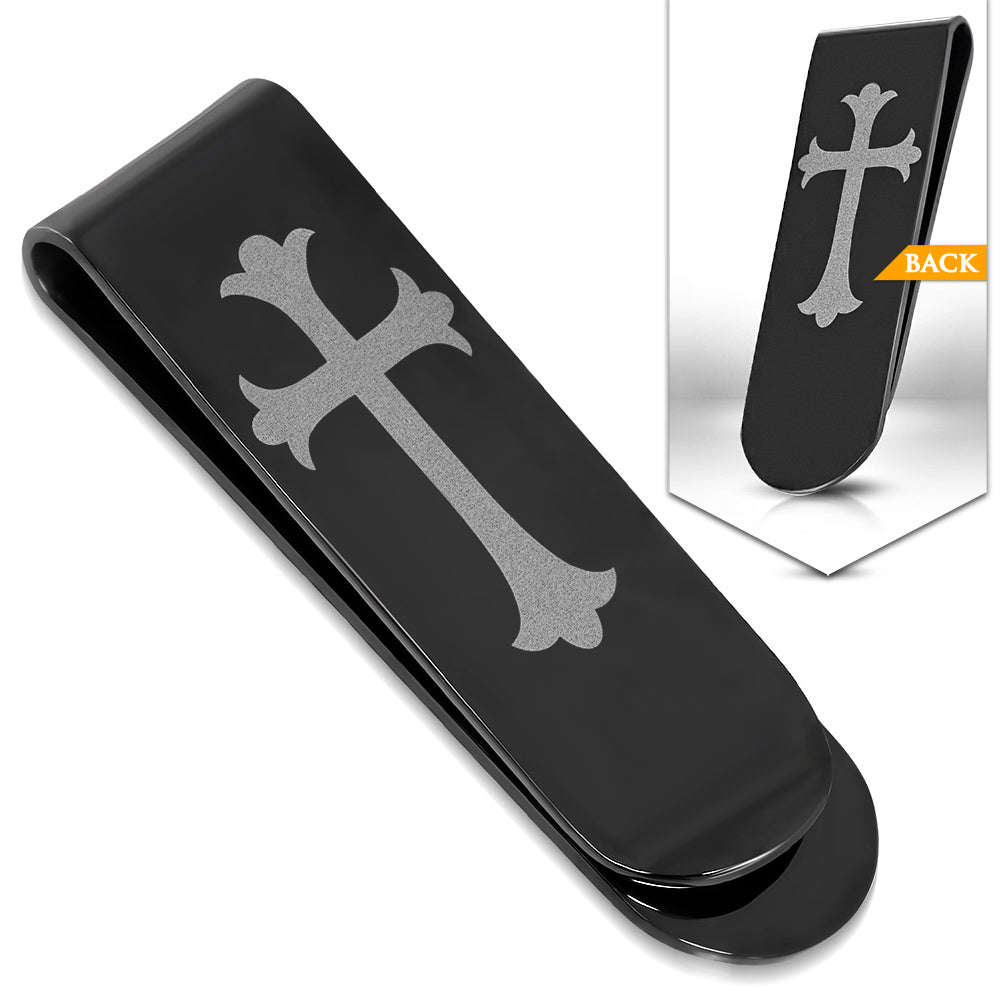 Black Stainless Steel Fleur De Lis Cross Money Clip