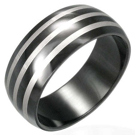 Black Stainless Steel Diagonal Half-Round Band Ring - Q