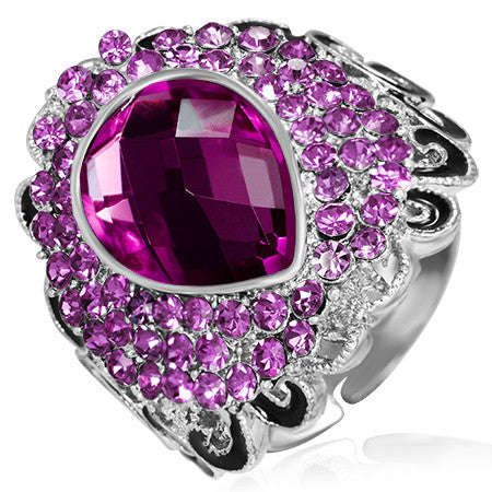 Teardrop Flower Cocktail Ring with dark Amethyst Cubic Zirconia