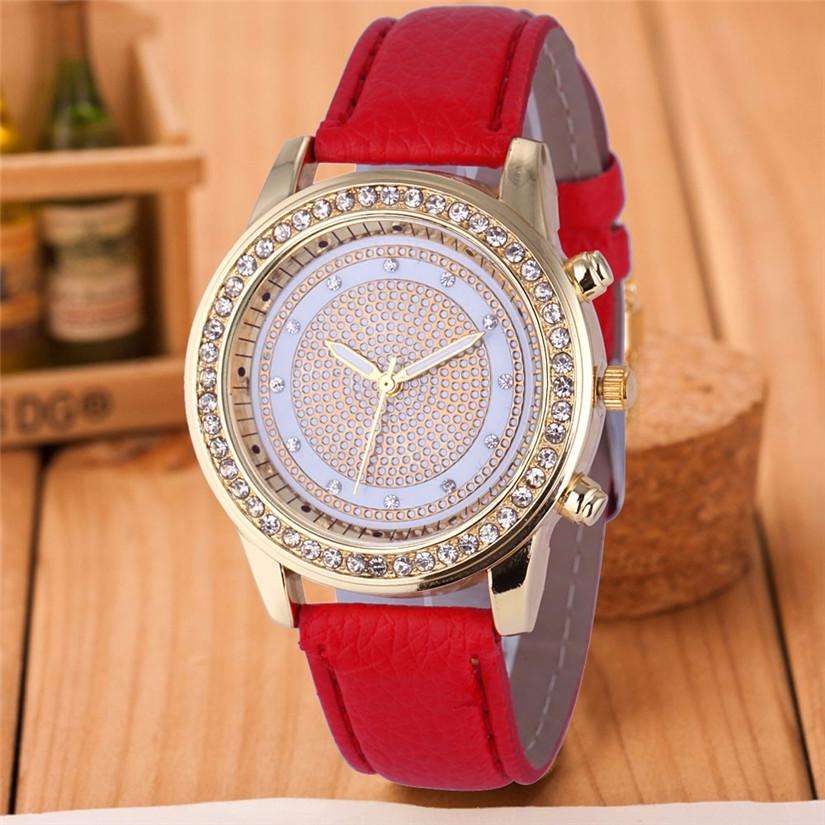 Perfect Gift Women's Geneva Fashion Leather Analog Stainless Steel Quartz Wrist Watch Levert - Red