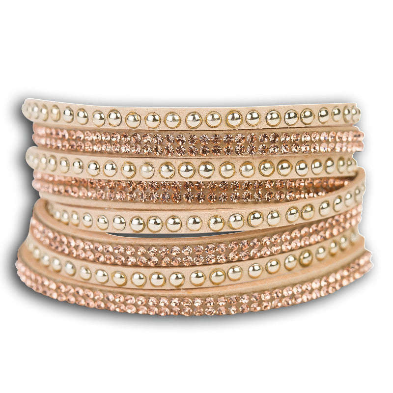 Leather Rhinestone Bracelet  - Beige. - Leather strap - one size fits all / black-silver