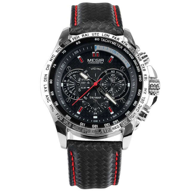 Megir Luxury Mens Leather Watch - Black face