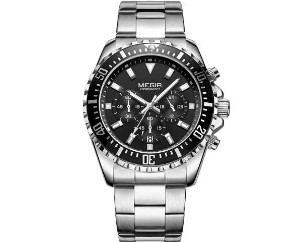 MEGIR 2064 Silver Men's Full Chronograph movement with calendar - Black Face