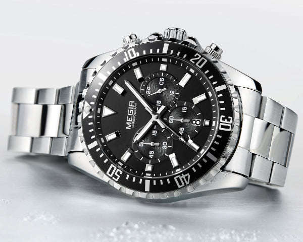 MEGIR 2064 Silver Men's Full Chronograph movement with calendar - Black Face