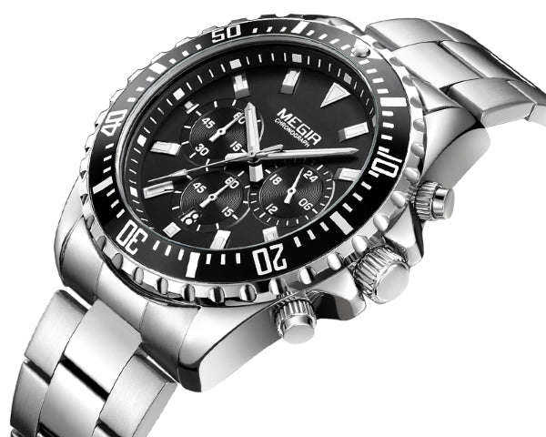 MEGIR 2064 Silver Men's Full Chronograph movement with calendar - Black Face