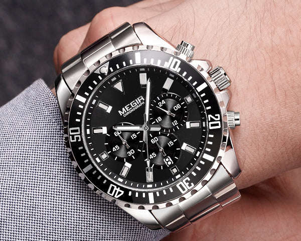 MEGIR 2064 Silver Men's Full Chronograph movement with calendar - Black Face