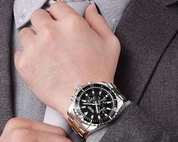 MEGIR 2064 Silver Men's Full Chronograph movement with calendar - Black Face