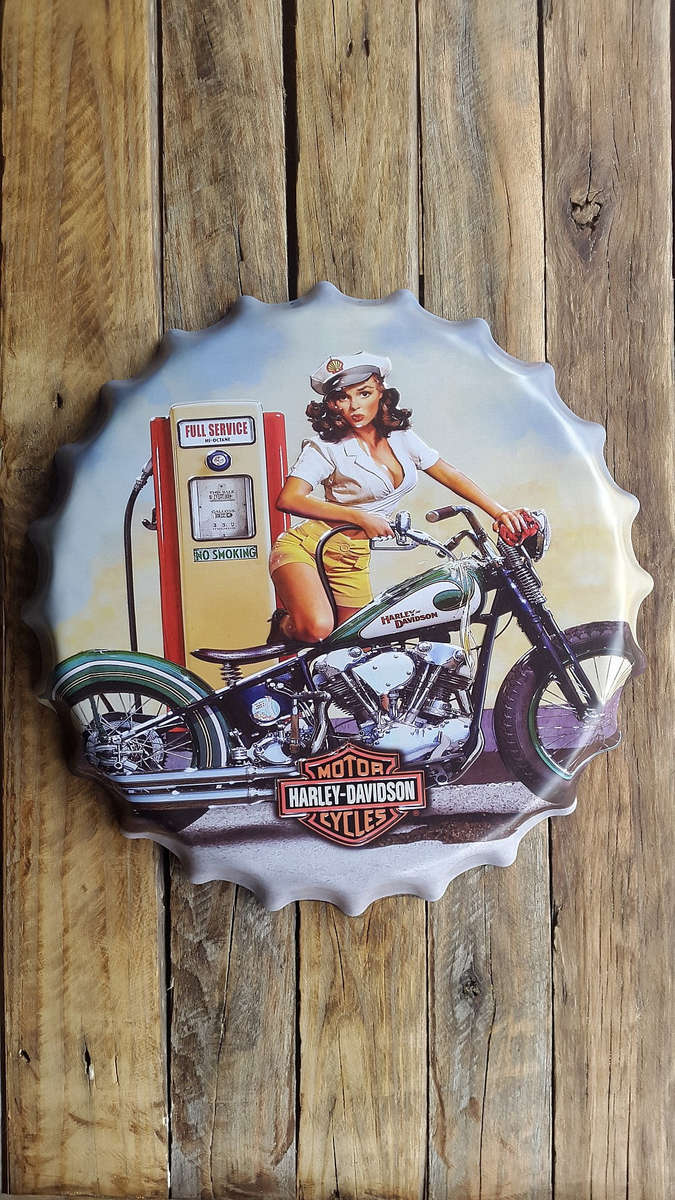 Shell Garage Harley Davidson Lady metal ambossed Giant Bottlecap