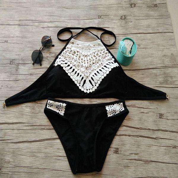 High Neck Bikini Set with Lace - Black / XL