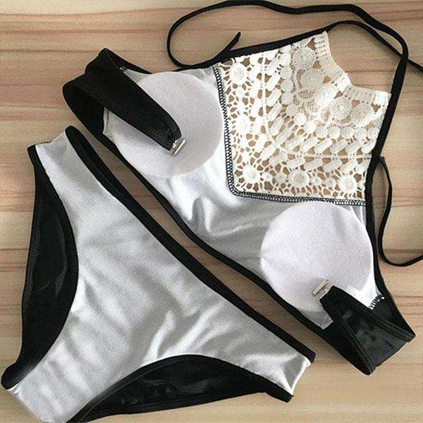 High Neck Bikini Set with Lace - Black / XL