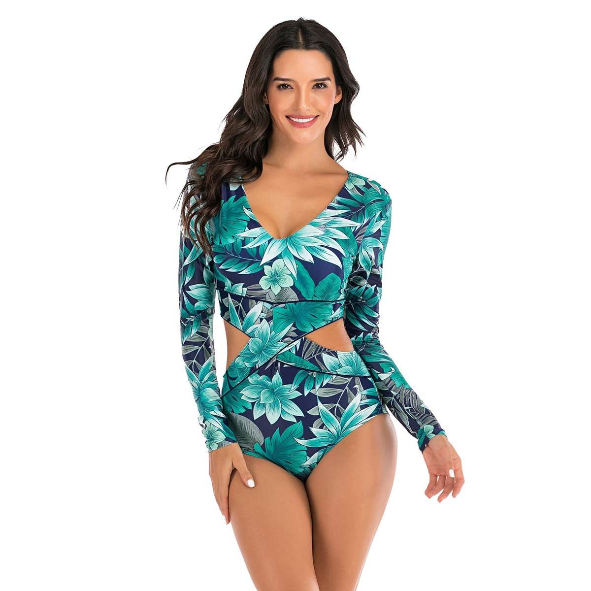 Women's Criss-Cross Blue Long Sleeve Zip Swimwear - L