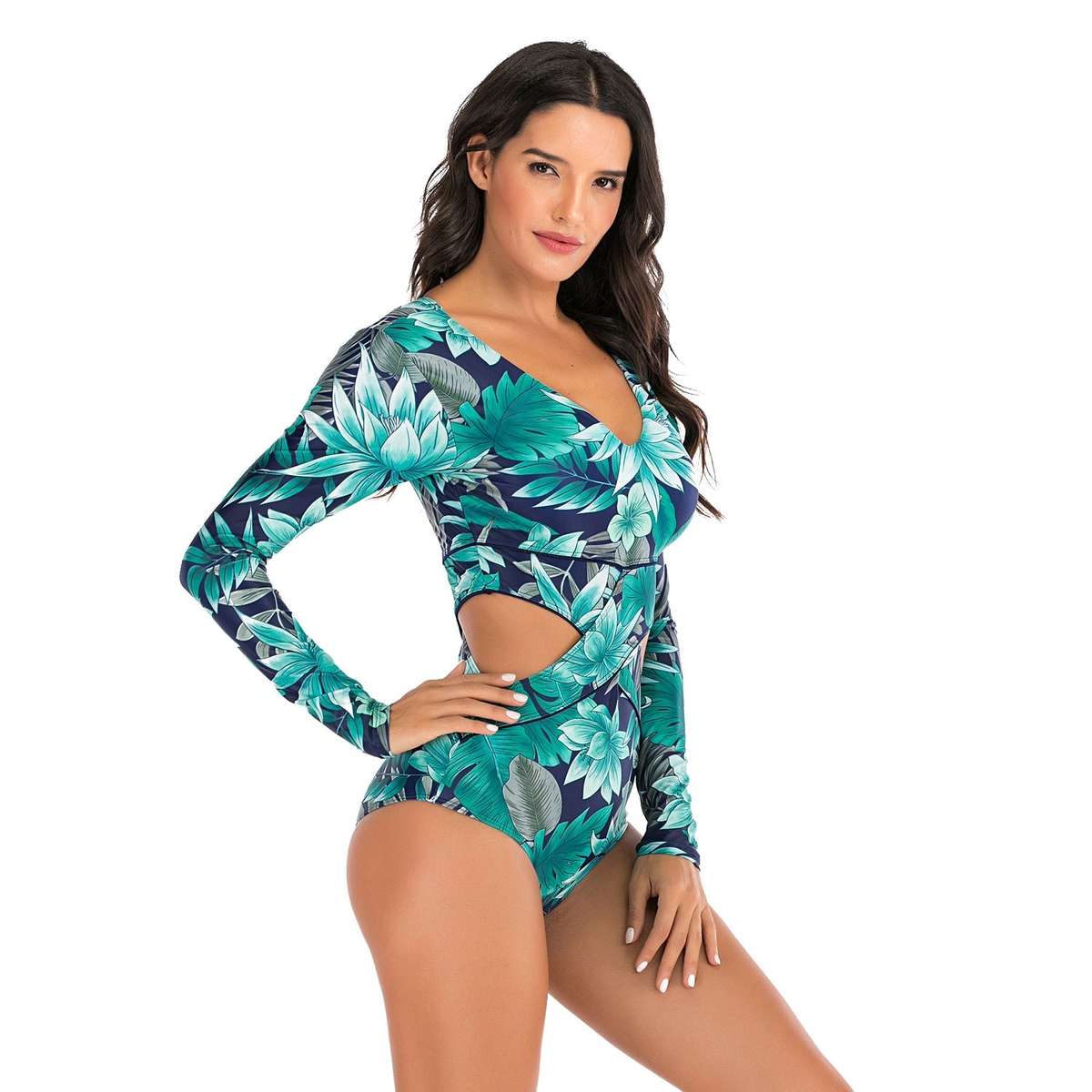 Women's Criss-Cross Blue Long Sleeve Zip Swimwear - L