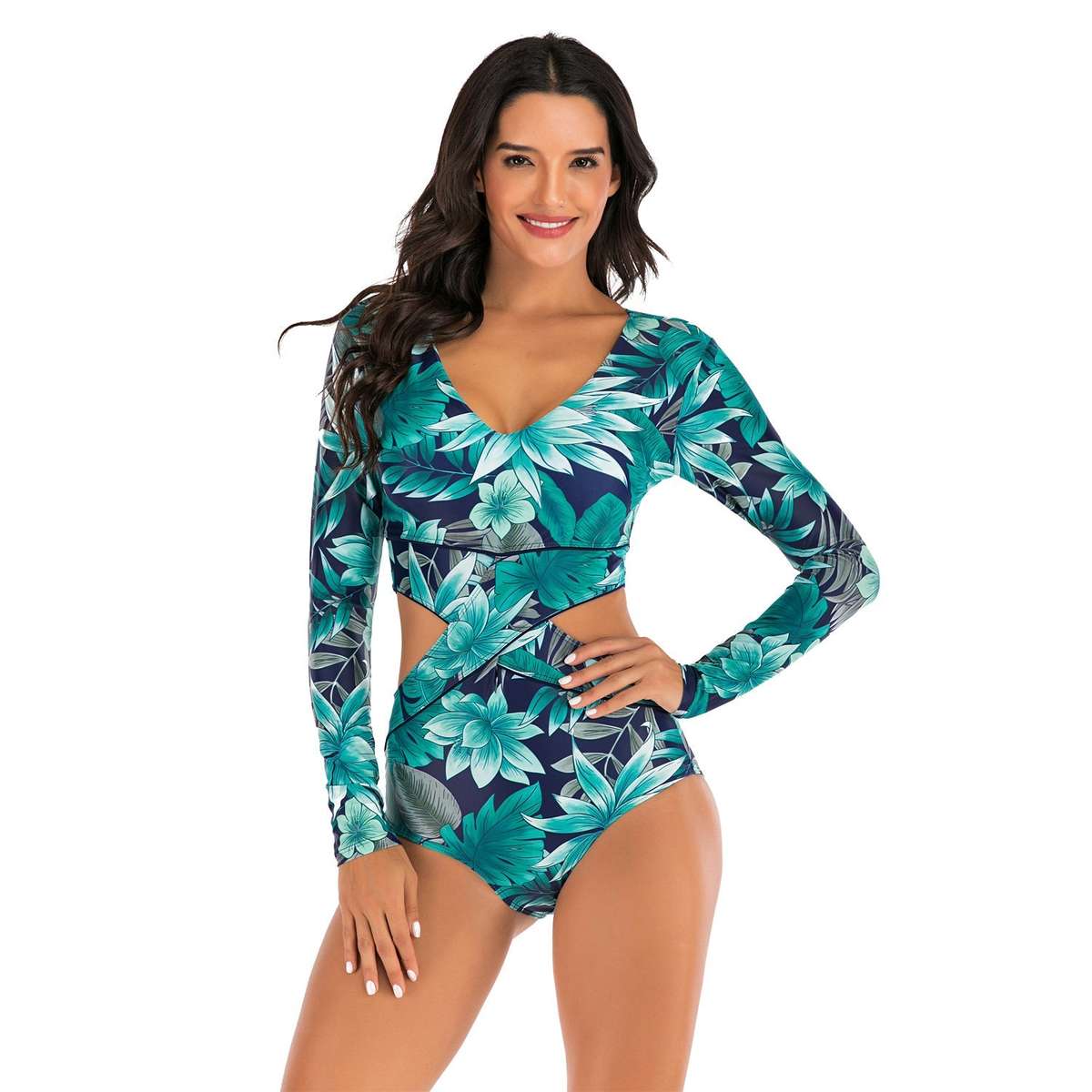 Women's Criss-Cross Blue Long Sleeve Zip Swimwear - L