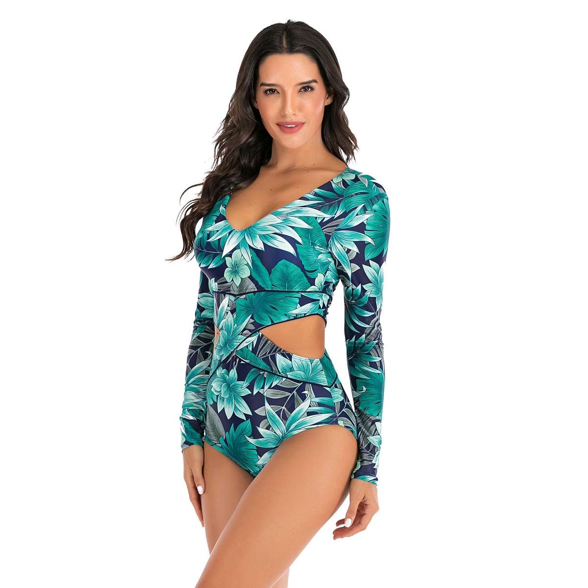 Women's Criss-Cross Blue Long Sleeve Zip Swimwear - L