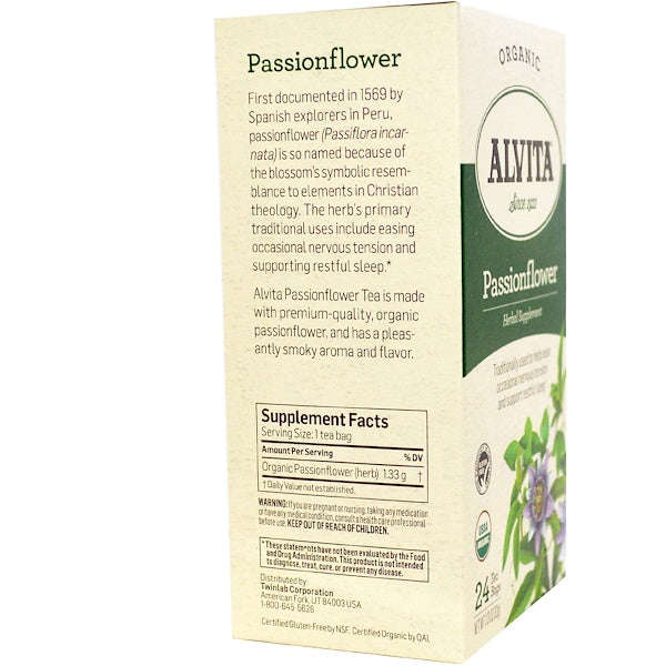 Alvita Teas, Organic Passionflower Tea, Caffeine Free, 24 Tea Bags, 1.13 oz (32 g)