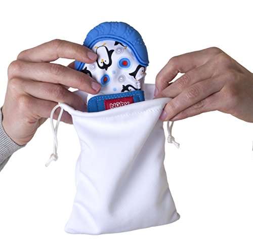 Nuby Soothing Teething Mitten with Hygienic Travel Bag, Blue Penguins