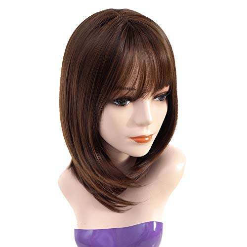 Queentas 14inch Shoulder Length Short Bob Wigs with Air Bangs Layered Synthetic Hair Wigs for Whi...